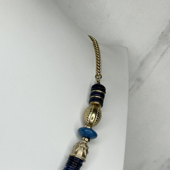 Chico's Chunky Blue Beaded Tassel Pendant Gold Tone Necklace ✨ - Picture 9 of 10